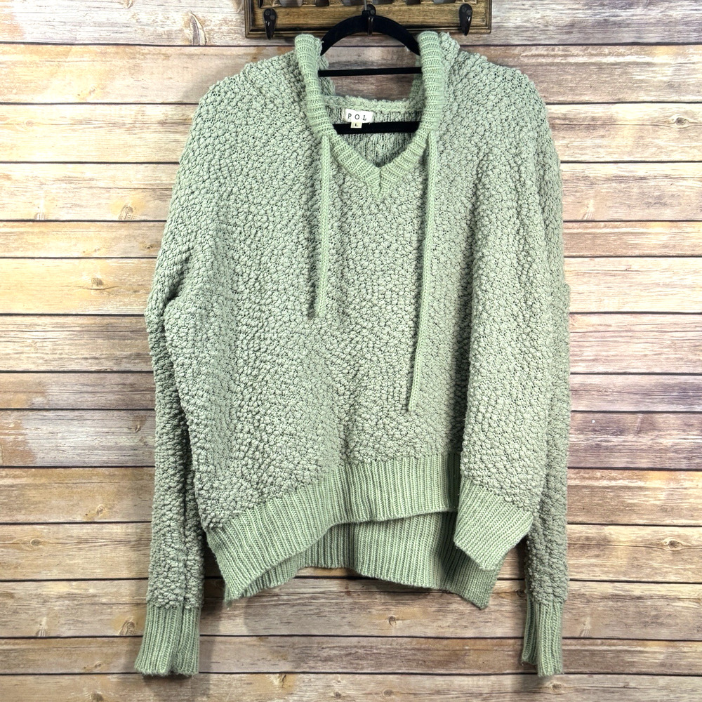 POL Womens Sage Green Long Sleeve Popcorn Stitch Knit Hoodie L